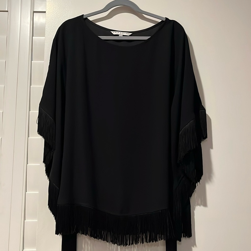 TRINA TURK *Eye Opener* black fringe belted batwing boho kimono top L
